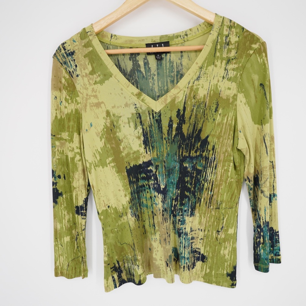 David Meister Silk Knit Artwear Top Womens M Green Abstract Y2K Grunge Layering